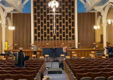 Sheffield Philharmonic Orchestra prepare for a socially-distanced rehearsal